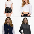 Four images of a woman wearing different outfits on a white background