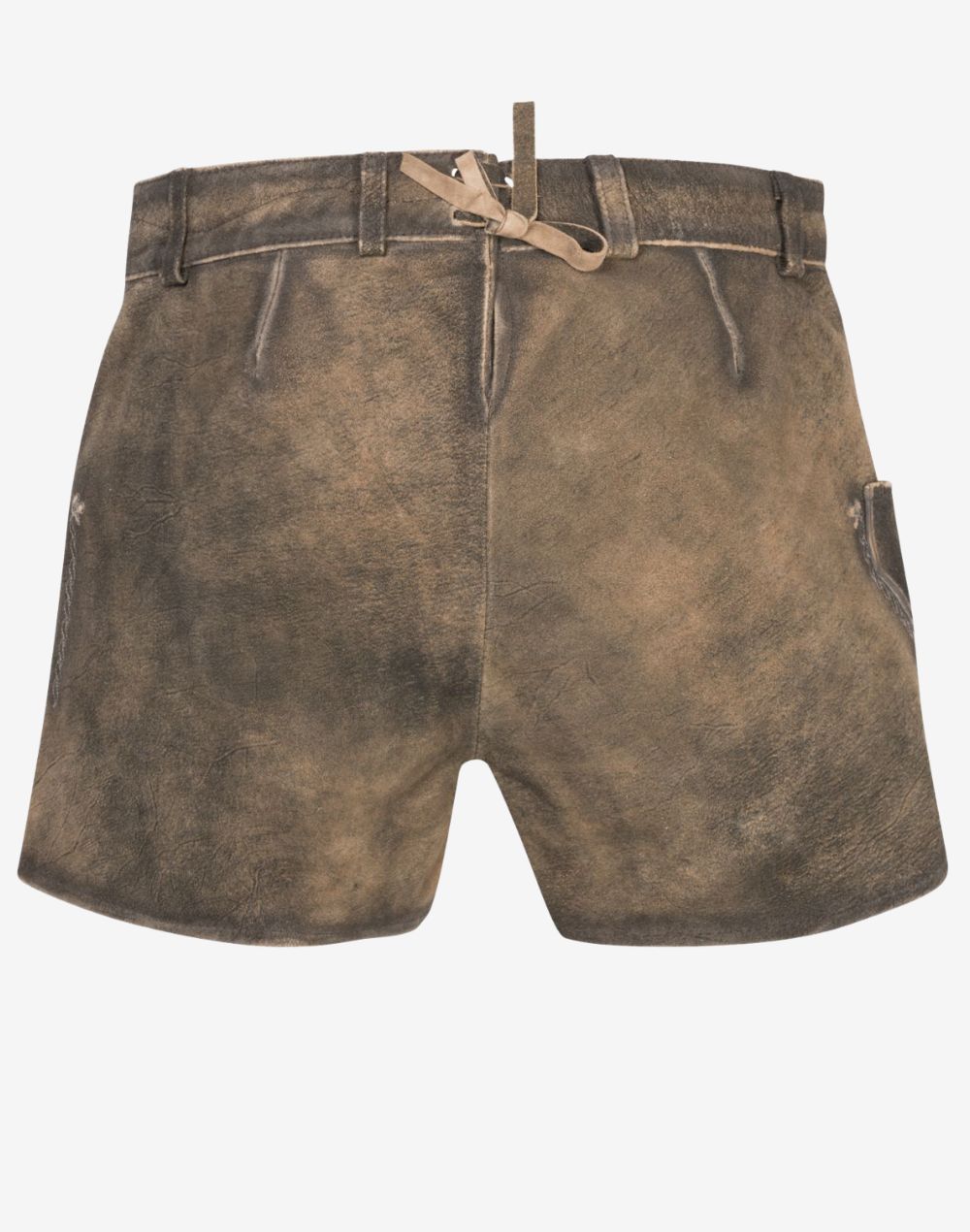 Back view of vintage distressed brown women’s leather lederhosen shorts featuring a fitted waistband, belt loops, and adjustable back lace detail.