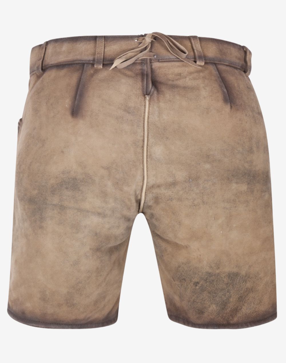 Back view of women’s brown suede lederhosen shorts with adjustable lace-up waistband and vintage distressed leather finish.