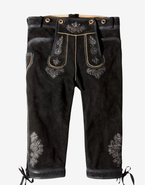 Front view of vintage German bundhosen for men featuring black leather finish, embroidered bib flap and traditional knee-length design