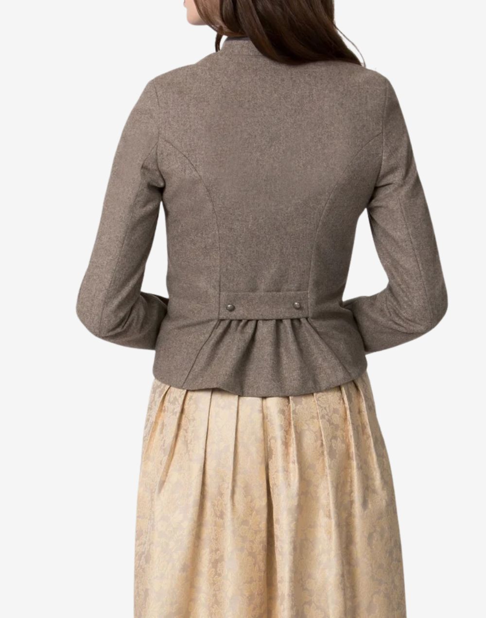 Back view of women’s traditional Bavarian trachten jacket in taupe wool, featuring a tailored fit with pleated back detail, worn over a gold patterned dirndl skirt.