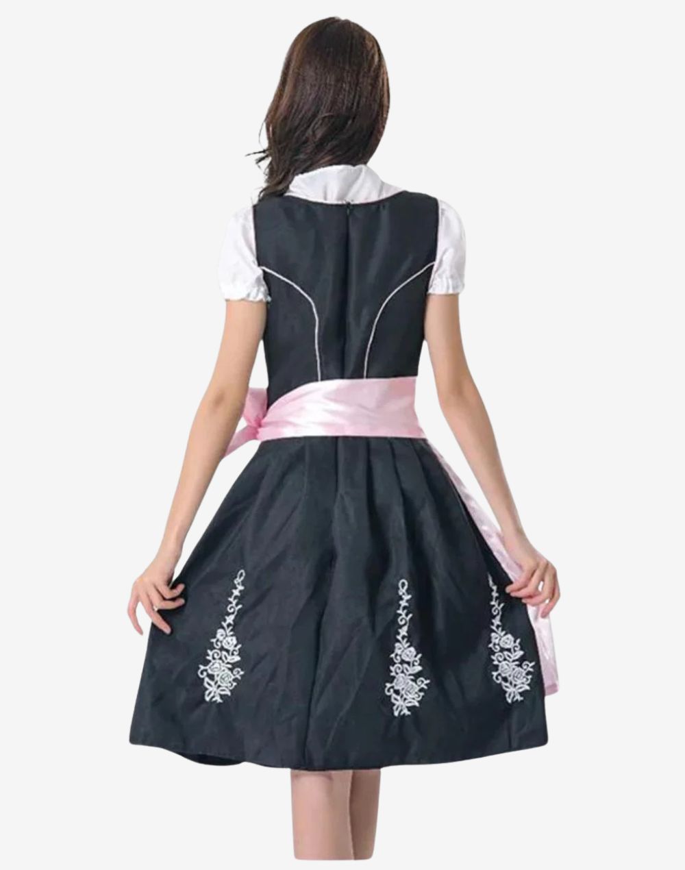 Back view of women Bavarian festival dirndl dress worn by model highlighting black skirt, embroidered detail and fit