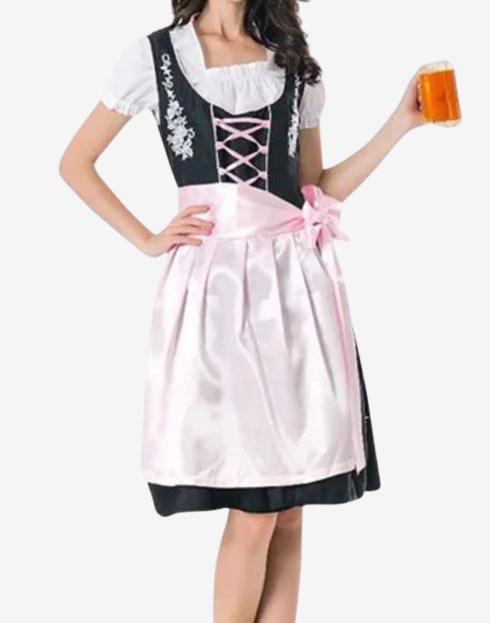 Model wearing women Bavarian festival dirndl dress front angle showing pink apron, lace blouse, fitted bodice and alpine look
