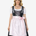 Full front view of model wearing Bavarian festival dirndl dress featuring lace blouse, pink apron and traditional styling