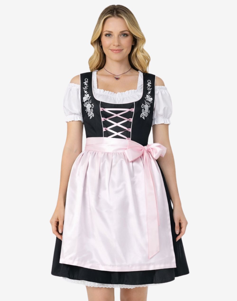 Full front view of model wearing Bavarian festival dirndl dress featuring lace blouse, pink apron and traditional styling