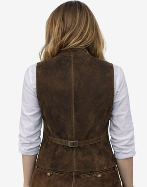 Brown suede vest worn by a person on a white background