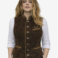 women brown velvet Oktoberfest waistcoat showing fitted shape, button front, soft velvet texture and style