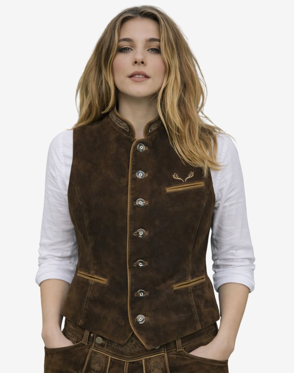 Woman wearing a brown vest with a white shirt on a white background