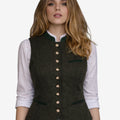 women classic wool Bavarian vest showing tailored fit decorative buttons alpine styling & trachten design.