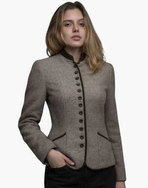 Woman wearing a gray blazer with black buttons on a white background