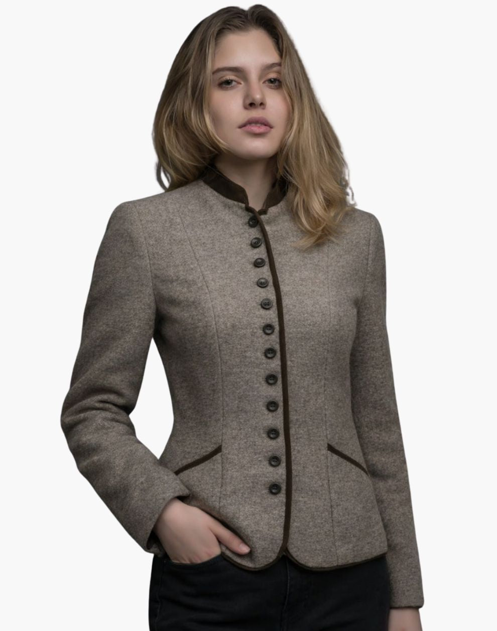 Woman wearing a gray blazer with black buttons on a white background