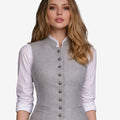 women gray trachten waistcoat worn with white shirt featuring fitted shape, button front and traditional alpine styling