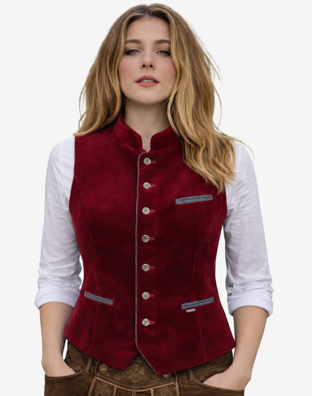 Woman wearing a red vest over a white shirt on a white background