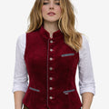 women red velvet trachten waistcoat featuring traditional buttons, fitted shape, alpine styling and classic Bavarian design