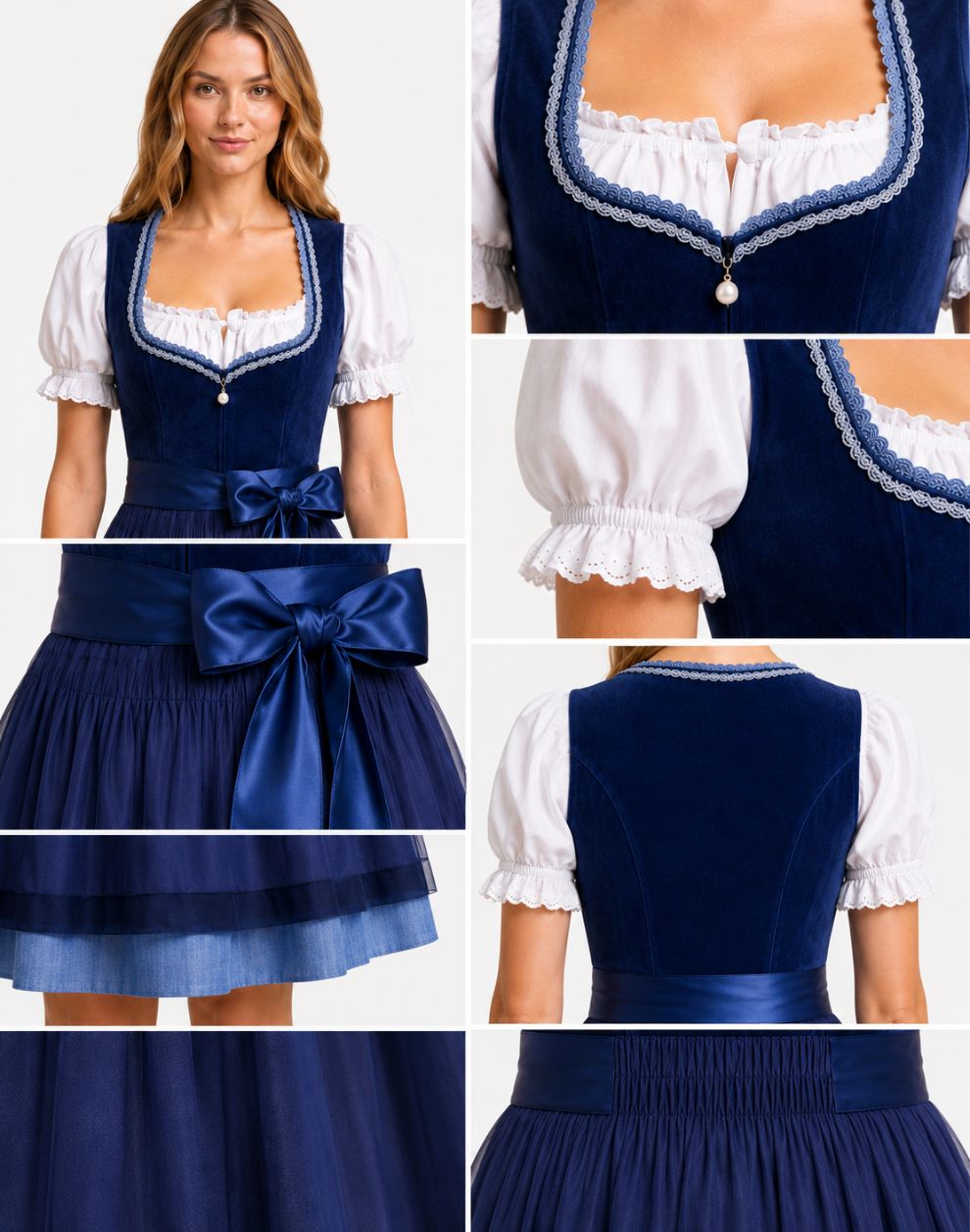 A collage showing a woman modeling a traditional dirndl dress from multiple angles, including front, close-up neckline, sleeve detail, skirt bow, back, and fabric close-ups. The dress has a dark navy bodice and skirt with white puff sleeves and white ruffled trim.