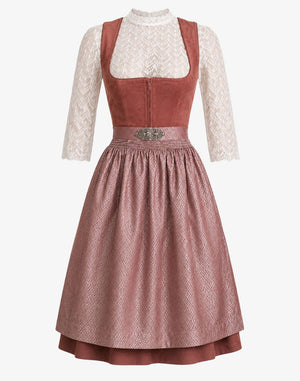 A traditional German dirndl dress featuring a dusty rose velvet bodice, a textured dusty rose apron skirt, and a white lace long-sleeve overlay, shown against a plain light gray background.