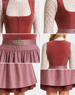 A six-panel collage showing multiple views of a women's dress with a dusty rose velvet-like bodice, white lace long sleeves, a patterned pink skirt, and a decorative silver belt buckle.