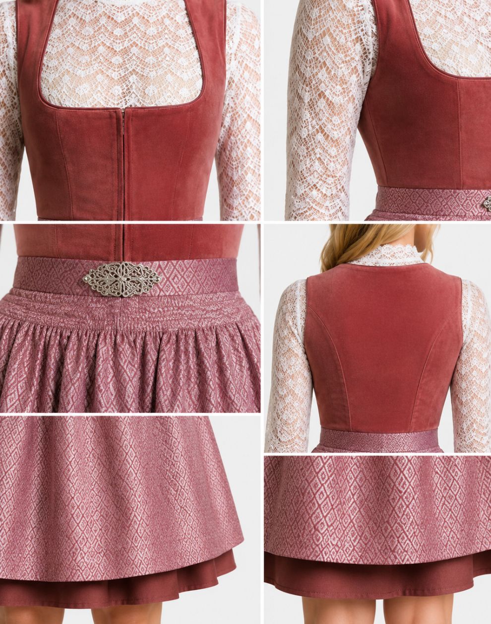 A six-panel collage showing multiple views of a women's dress with a dusty rose velvet-like bodice, white lace long sleeves, a patterned pink skirt, and a decorative silver belt buckle.