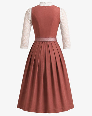 A back view of a traditional German Dirndl dress in terracotta rust, featuring a pleated skirt, a textured waistband, and three-quarter length white lace sleeves.