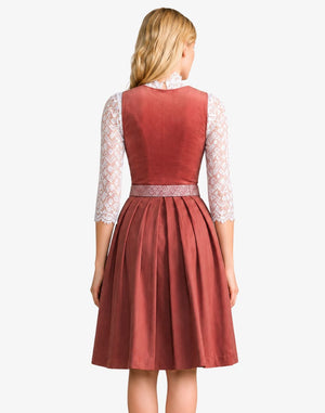 Back view of the Women's Heritage Rose Midi Dirndl Dress showcasing a rose-colored fitted bodice, pleated midi skirt, patterned waistband, and elegant lace sleeve blouse in authentic Bavarian style.