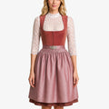 Women's Heritage Rose Midi Dirndl Dress front view featuring a rose-colored fitted bodice, elegant lace blouse, patterned apron, decorative waist buckle, and traditional Bavarian midi silhouette.