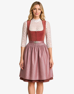 Women's Heritage Rose Midi Dirndl Dress front view featuring a rose-colored fitted bodice, elegant lace blouse, patterned apron, decorative waist buckle, and traditional Bavarian midi silhouette.