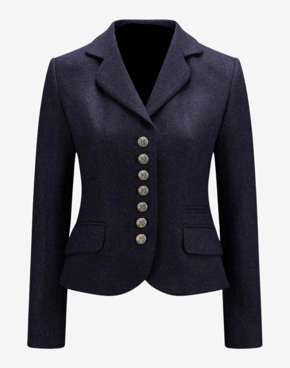 Front view of a women’s navy blue Bavarian-style trachten jacket featuring a tailored fit, classic lapel collar, decorative metal buttons, flap pockets, and a traditional Alpine heritage design.