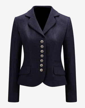 Front view of a women’s navy blue Bavarian-style trachten jacket featuring a tailored fit, classic lapel collar, decorative metal buttons, flap pockets, and a traditional Alpine heritage design.