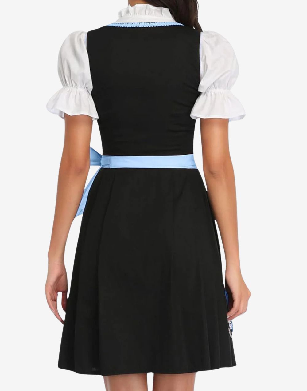 Rear view of womens Bavarian dirndl dress showing fitted black skirt, structured bodice and light blue waist apron ribbon