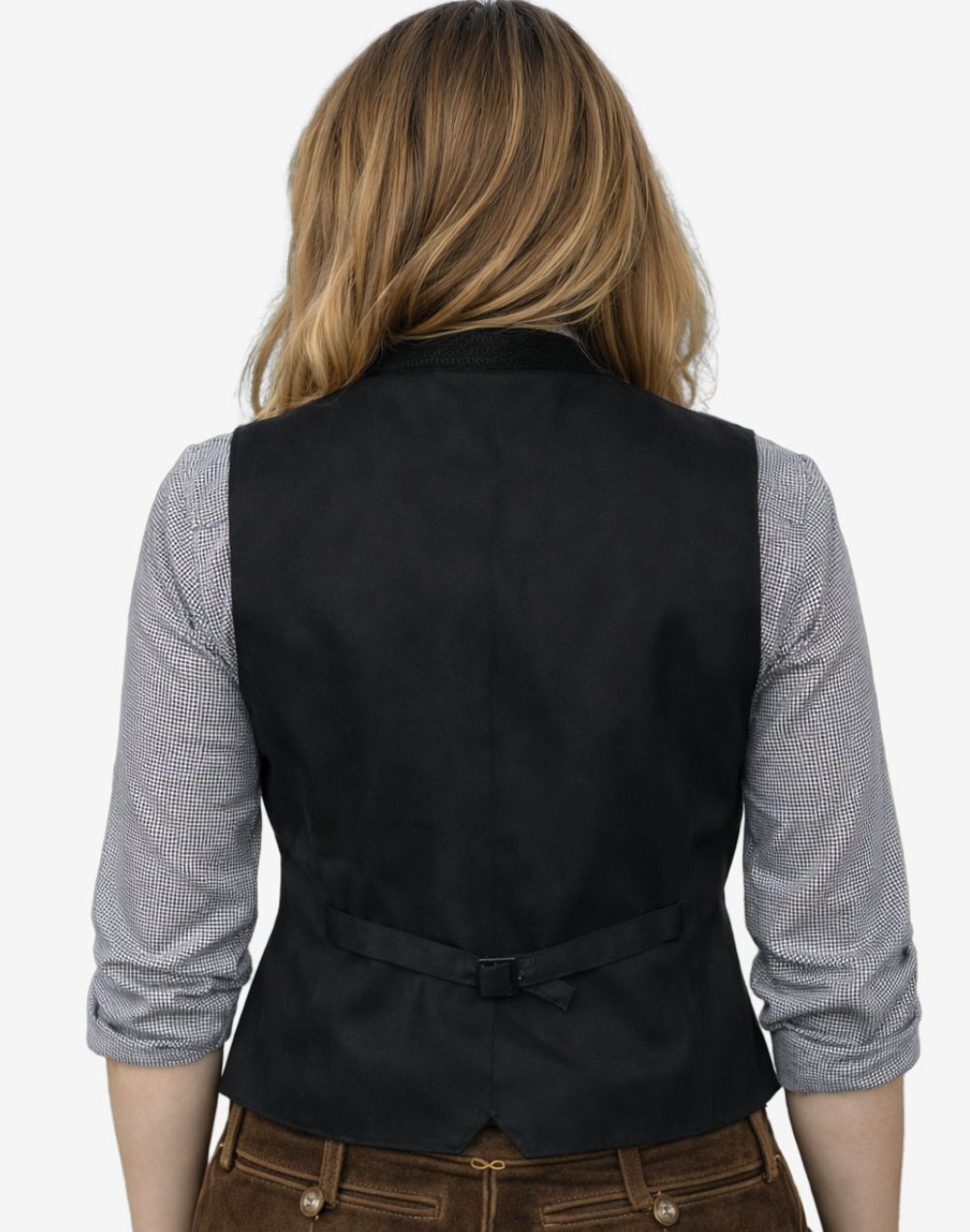 Back view of womens black velvet trachten waistcoat showing adjustable waist belt, tailored fit, smooth velvet texture and traditional alpine style