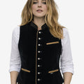 womens black velvet trachten waistcoat featuring traditional buttons, fitted silhouette, alpine styling and classic Bavarian design
