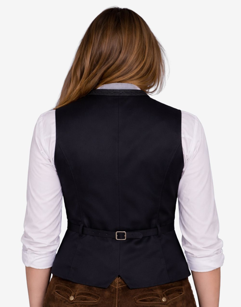 Rear view of womens blue velvet alpine vest showing adjustable back strap, smooth lining, fitted waist design and traditional trachten look