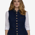 womens blue velvet alpine vest featuring traditional buttons, tailored fit, decorative collar and classic Bavarian styling