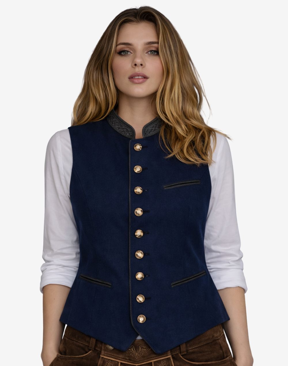 womens blue velvet alpine vest featuring traditional buttons, tailored fit, decorative collar and classic Bavarian styling