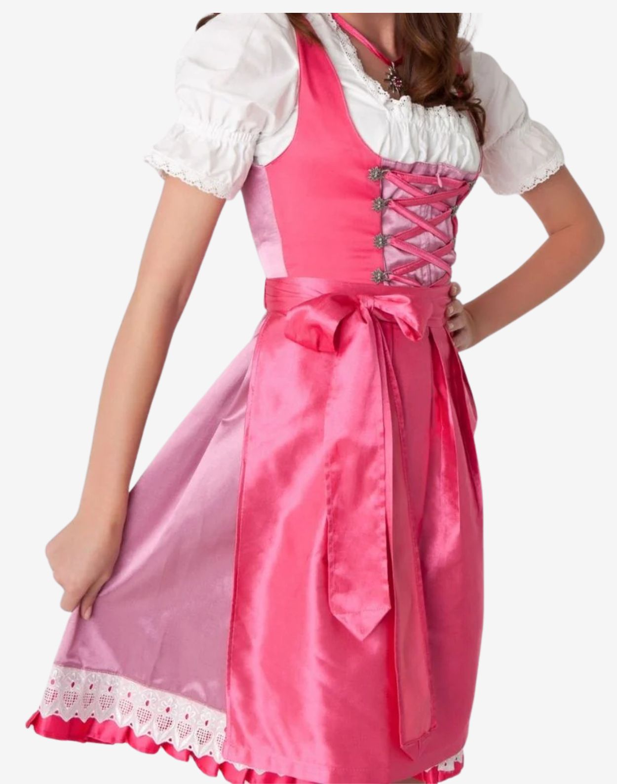 Angled view of womens Bavarian dirndl dress showing satin pink apron, lace trim hem and traditional corset bodice styling