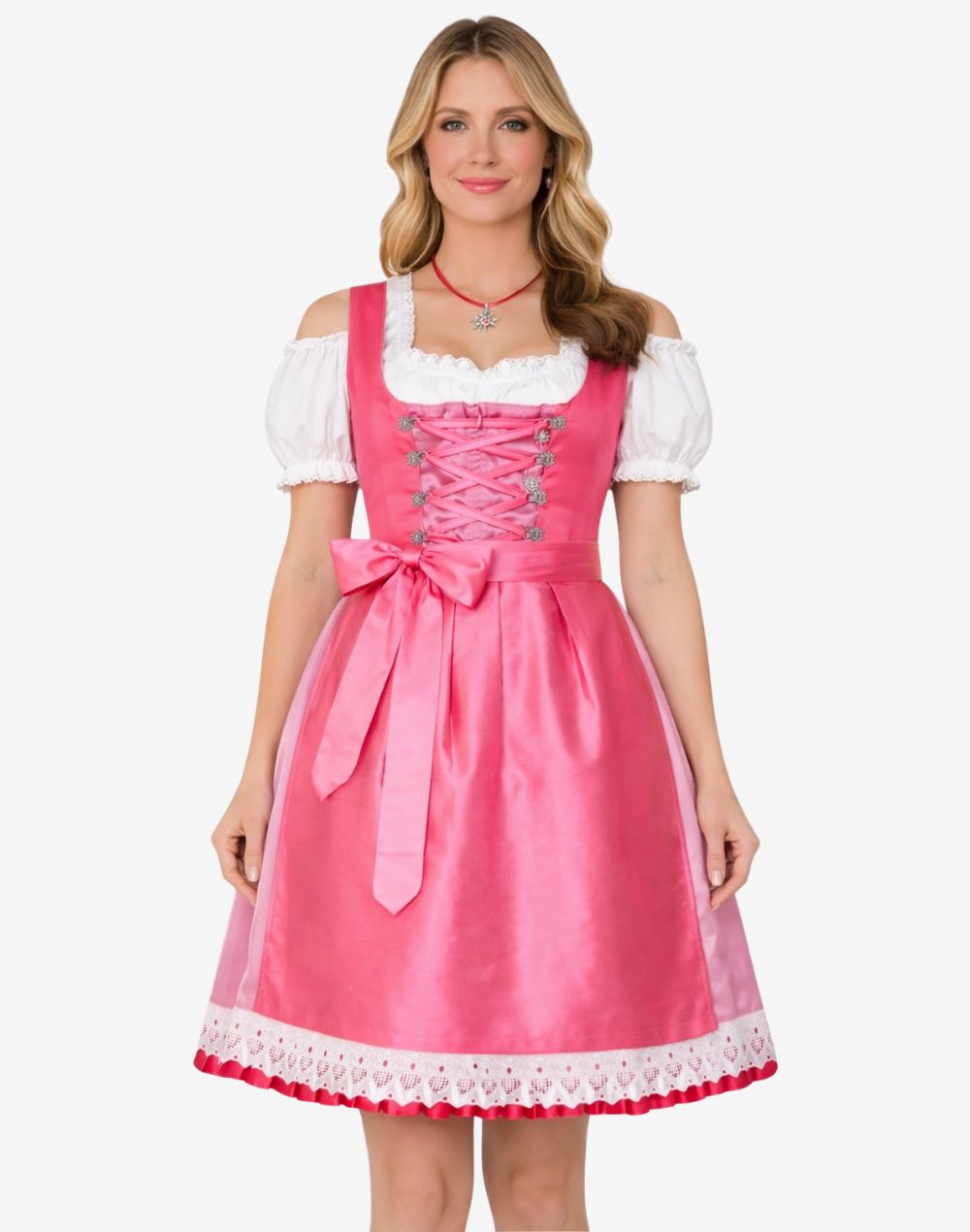 Front view of womens classic Bavarian dirndl featuring pink apron bow, fitted bodice and lace trimmed hem for Oktoberfest wear