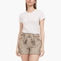 Woman wearing a white t-shirt and beige shorts on a white background
