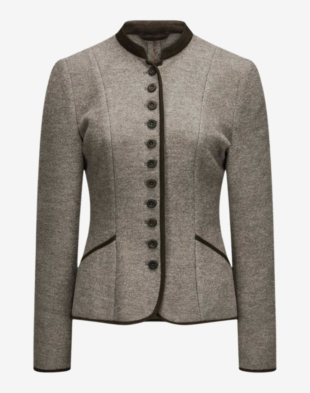 Front view of a women’s beige wool trachten-style jacket with a stand collar, dark contrast trim, decorative front buttons, long sleeves, and a fitted traditional Alpine silhouette.