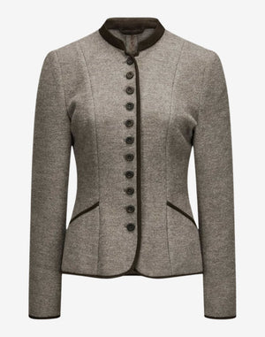 Front view of a women’s beige wool trachten-style jacket with a stand collar, dark contrast trim, decorative front buttons, long sleeves, and a fitted traditional Alpine silhouette.