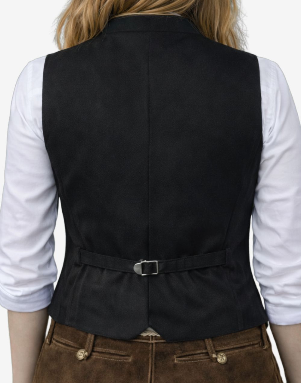 Back view of womens gray wool trachten vest showing adjustable waist strap, smooth rear panel and traditional Oktoberfest alpine design