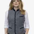womens gray wool trachten vest featuring traditional alpine buttons, tailored fit, contrast trim and classic Bavarian styling