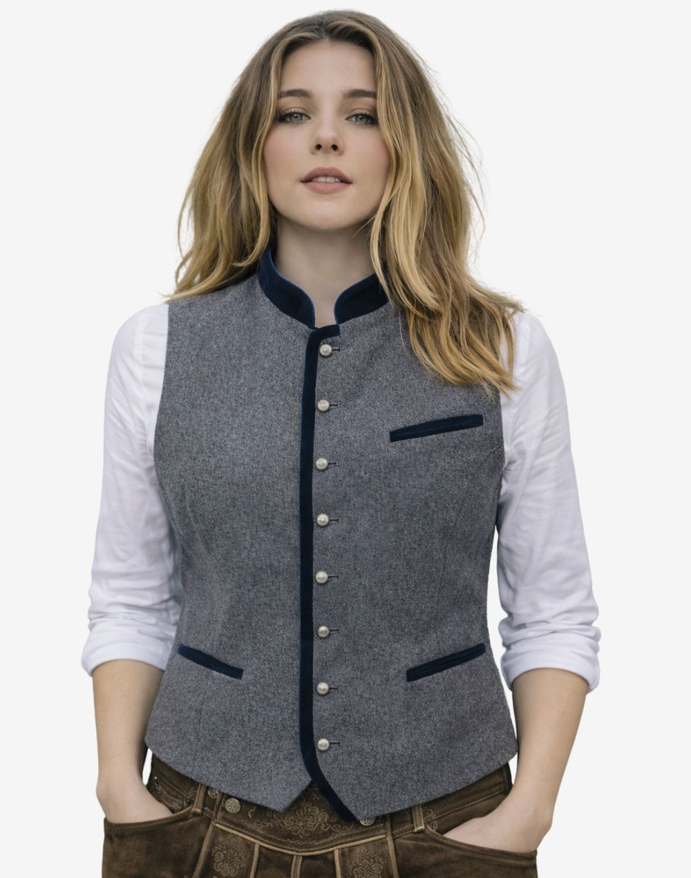 Woman wearing a gray vest with black trim on a white background