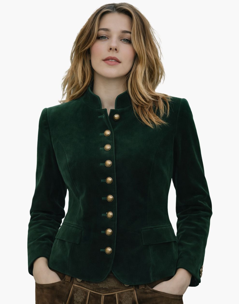 Woman wearing a green velvet Trachten jacket with traditional buttons, fitted silhouette, and classic Bavarian design, paired with brown lederhosen, against a white background.