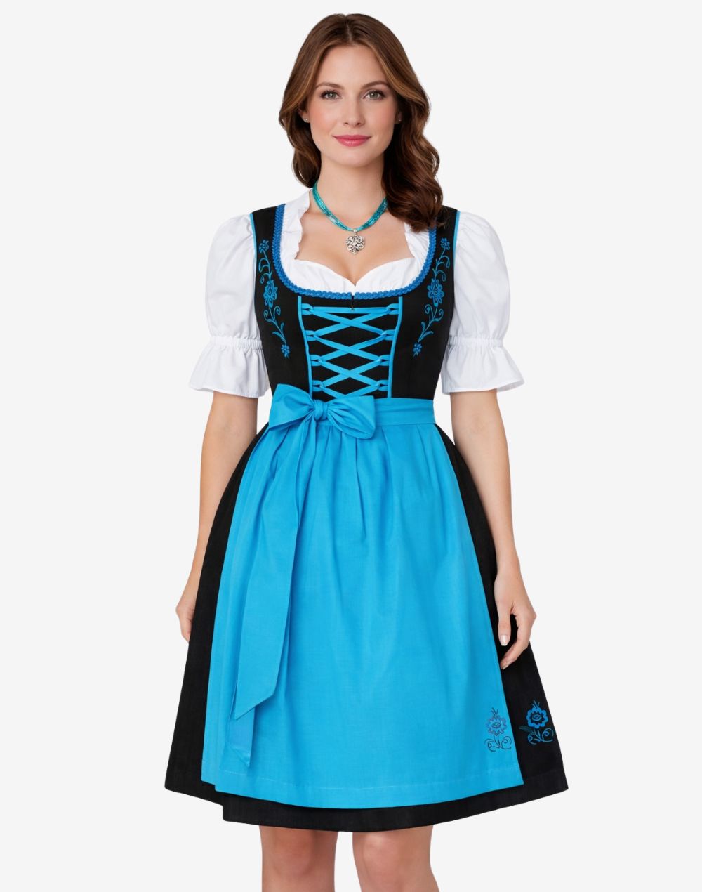 Front view of womens heritage style dirndl worn by model featuring blue apron, embroidered bodice and Bavarian design fit