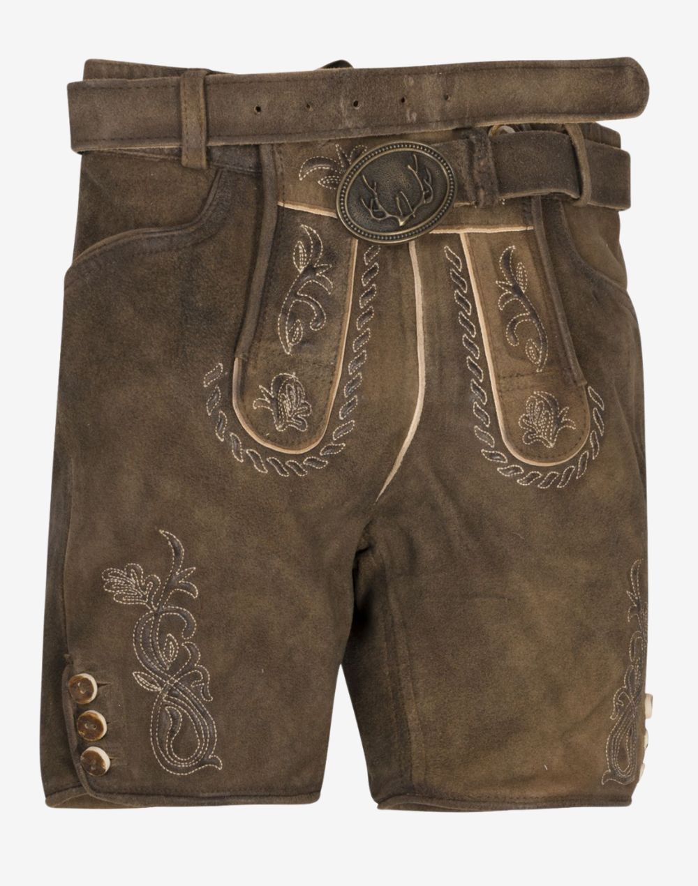 Front view of women’s brown suede lederhosen shorts with traditional Bavarian embroidery, decorative front panel, side buttons, and a matching leather belt with antler buckle.