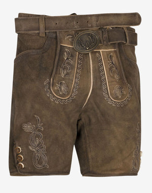Front view of women’s brown suede lederhosen shorts with traditional Bavarian embroidery, decorative front panel, side buttons, and a matching leather belt with antler buckle.