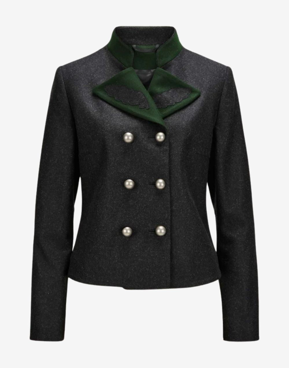 Front view of a women’s dark wool trachten-style jacket featuring a structured tailored fit, green contrast collar and lapel detail, double-breasted pearl-style buttons, and traditional Alpine-inspired design.