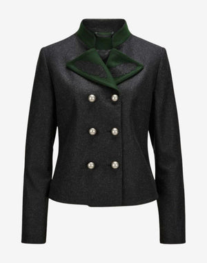 Front view of a women’s dark wool trachten-style jacket featuring a structured tailored fit, green contrast collar and lapel detail, double-breasted pearl-style buttons, and traditional Alpine-inspired design.