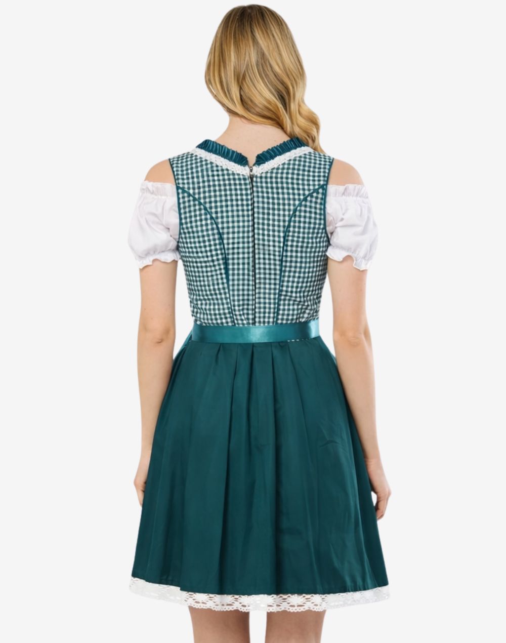 Back view of womens alpine dirndl dress featuring pleated skirt, apron tie and traditional Oktoberfest styling fit