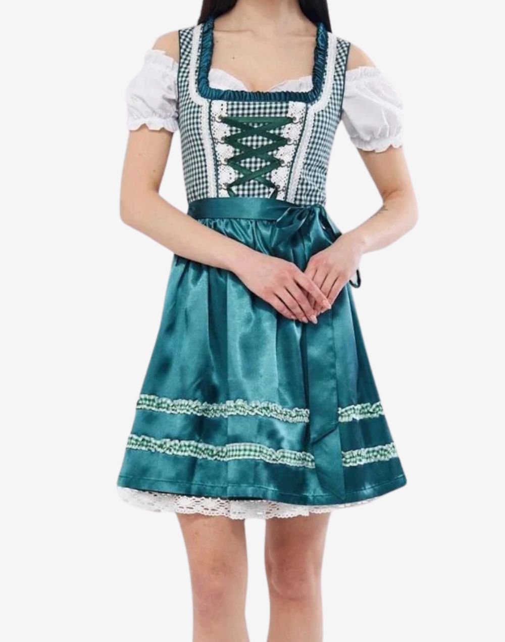 Front view of model wearing womens Oktoberfest alpine dirndl dress with apron, lace blouse and Bavarian corset bodice